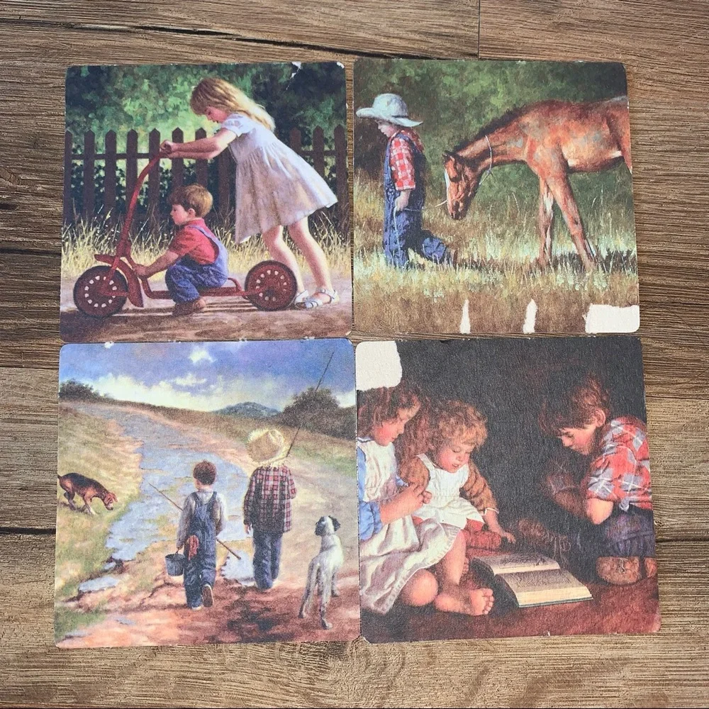 Vintage 4pc Coaster Set Farm Children Horses - Picture 4 of 4